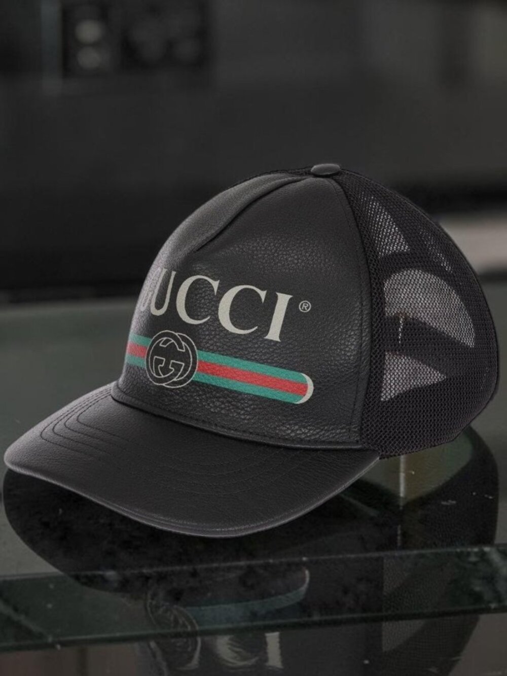 Black Leather GUCCI GG Baseball Cap / Trucker Hat Crypto Mesh w Dust Bag Size M - Picture 10 of 10
